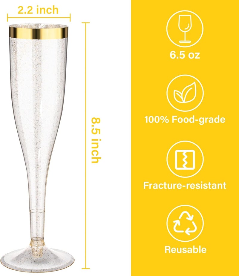 Goodluck 48 Pack 6.5 oz Plastic Gold Glitter Champagne Flutes with Gold Rim, Disposable Champagne Toasting Glasses for Wedding, Engagement, Party, Mimosa Bar - Image 2